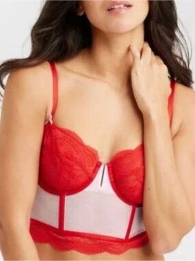 Auden Red Lace Longline Bra Bustier Women Size Small Feminine Romantic Sexy